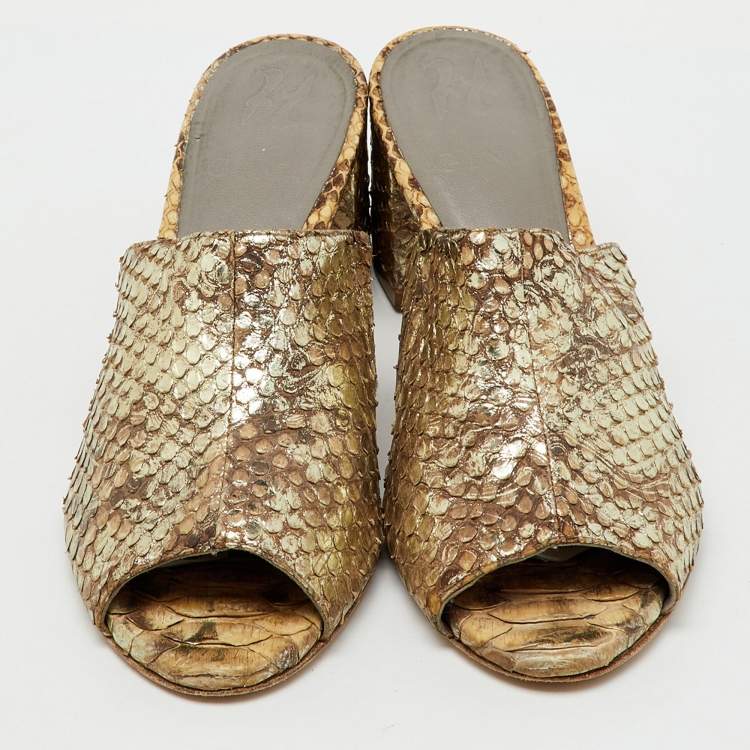Pre Owned Gina Metallic Beige Snakeskin Leather Block Heel Slide Sandals Size 38