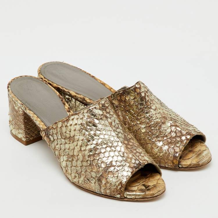 Pre Owned Gina Metallic Beige Snakeskin Leather Block Heel Slide Sandals Size 38