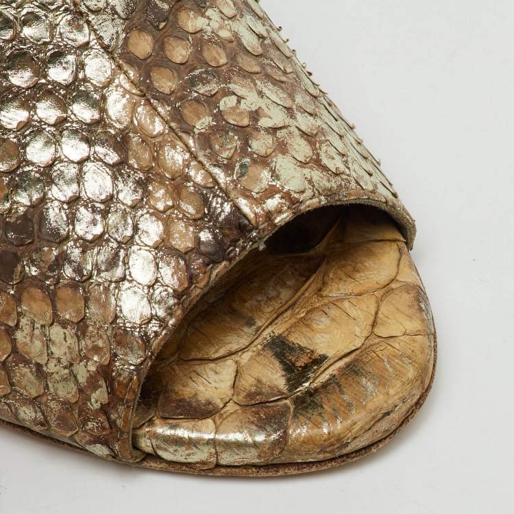 Pre Owned Gina Metallic Beige Snakeskin Leather Block Heel Slide Sandals Size 38