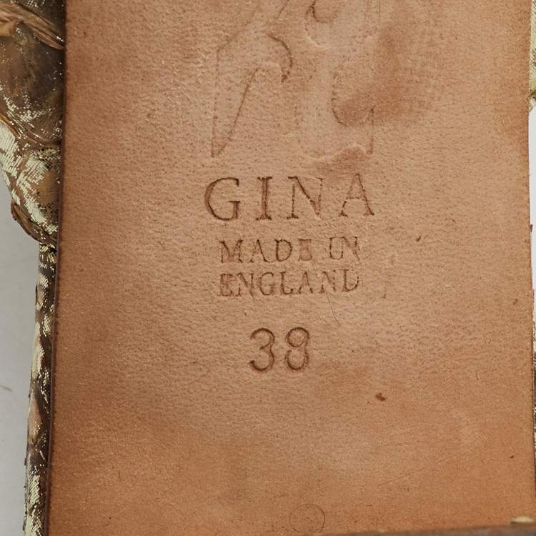 Pre Owned Gina Metallic Beige Snakeskin Leather Block Heel Slide Sandals Size 38