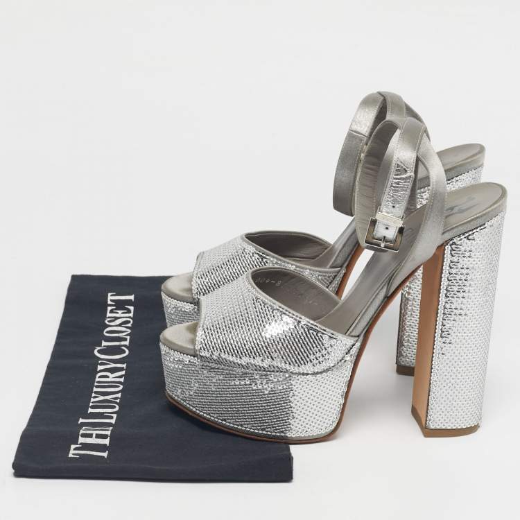 Pre Owned Gina Grey Satin and Sequins Platform Ankle Strap Sandals Size 36.5