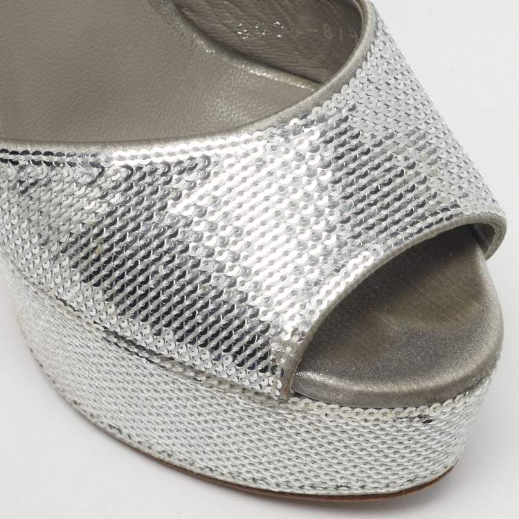 Pre Owned Gina Grey Satin and Sequins Platform Ankle Strap Sandals Size 36.5