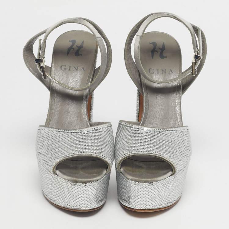 Pre Owned Gina Grey Satin and Sequins Platform Ankle Strap Sandals Size 36.5