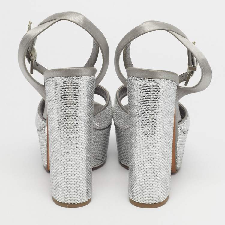 Pre Owned Gina Grey Satin and Sequins Platform Ankle Strap Sandals Size 36.5