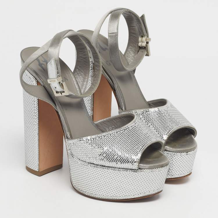 Pre Owned Gina Grey Satin and Sequins Platform Ankle Strap Sandals Size 36.5