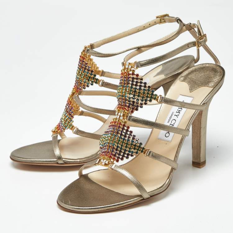 Pre Owned Gina Metallic Gold Leather Crystal Embellished Ankle Strap Sandals Size 39