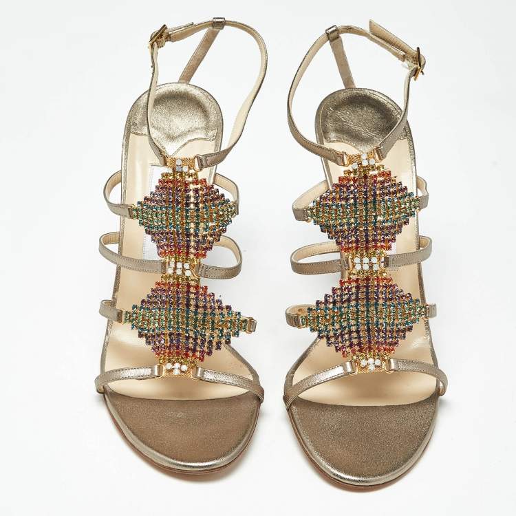 Pre Owned Gina Metallic Gold Leather Crystal Embellished Ankle Strap Sandals Size 39