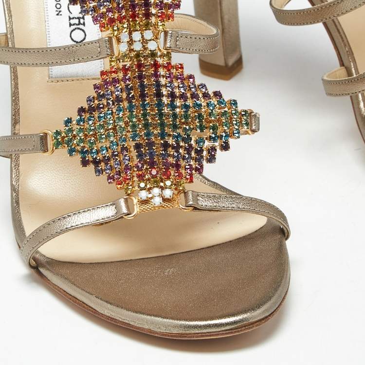 Pre Owned Gina Metallic Gold Leather Crystal Embellished Ankle Strap Sandals Size 39