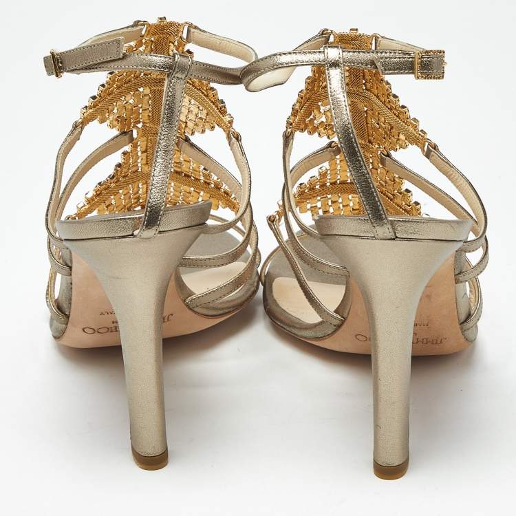 Pre Owned Gina Metallic Gold Leather Crystal Embellished Ankle Strap Sandals Size 39
