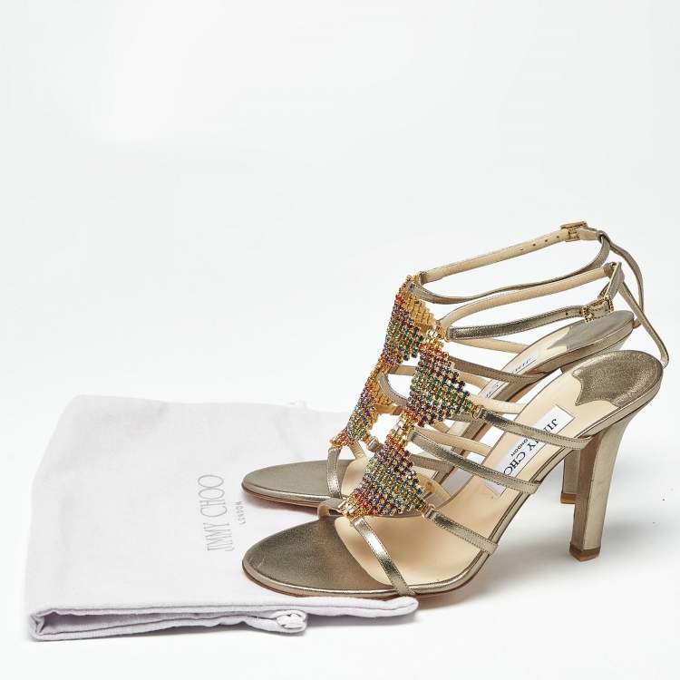 Pre Owned Gina Metallic Gold Leather Crystal Embellished Ankle Strap Sandals Size 39