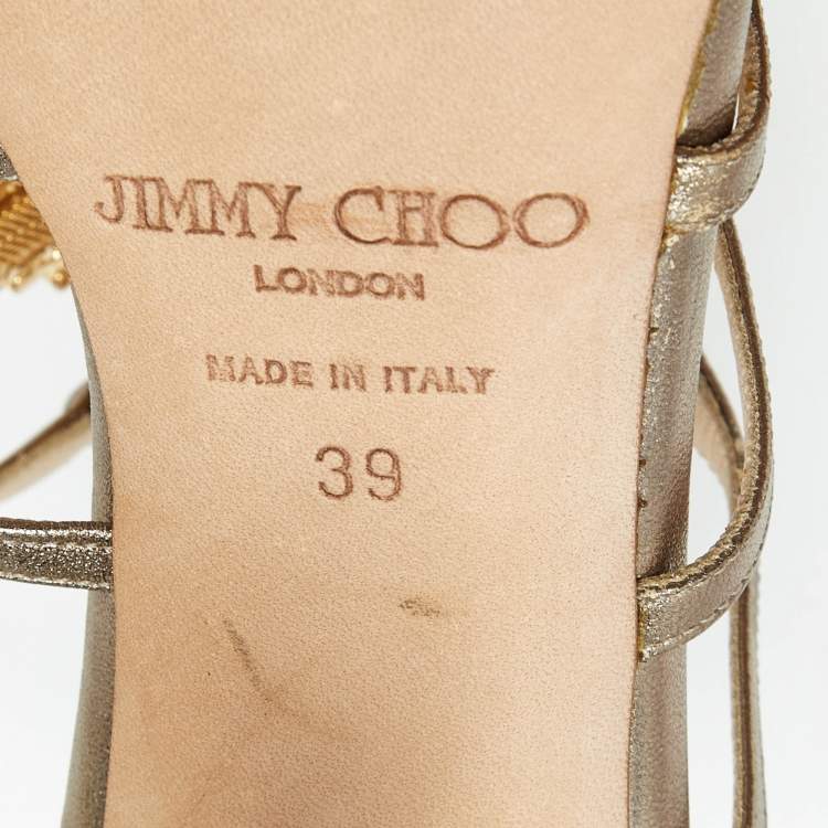 Pre Owned Gina Metallic Gold Leather Crystal Embellished Ankle Strap Sandals Size 39