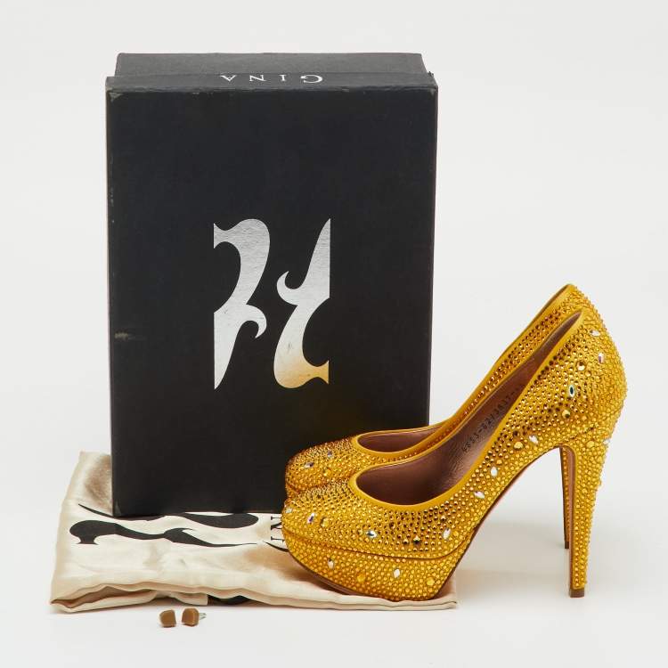 Pre Owned Gina Yellow Satin Dolly Crystal Embellished Platform Pumps Size 37.5
