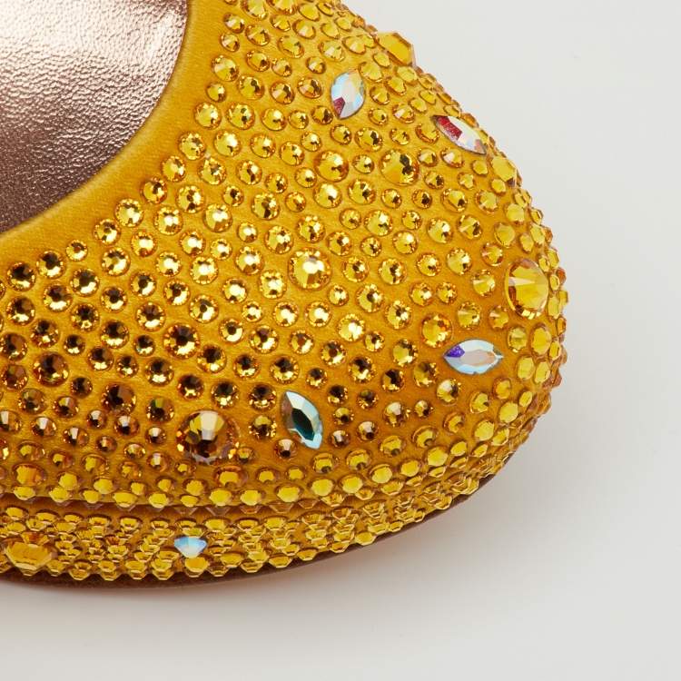 Pre Owned Gina Yellow Satin Dolly Crystal Embellished Platform Pumps Size 37.5