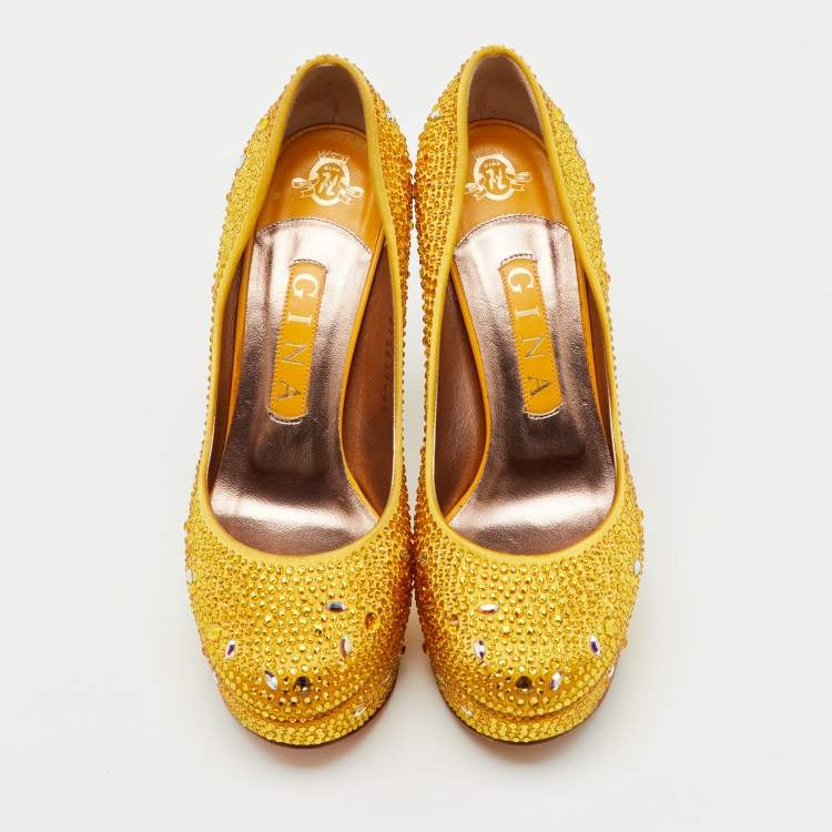 Pre Owned Gina Yellow Satin Dolly Crystal Embellished Platform Pumps Size 37.5