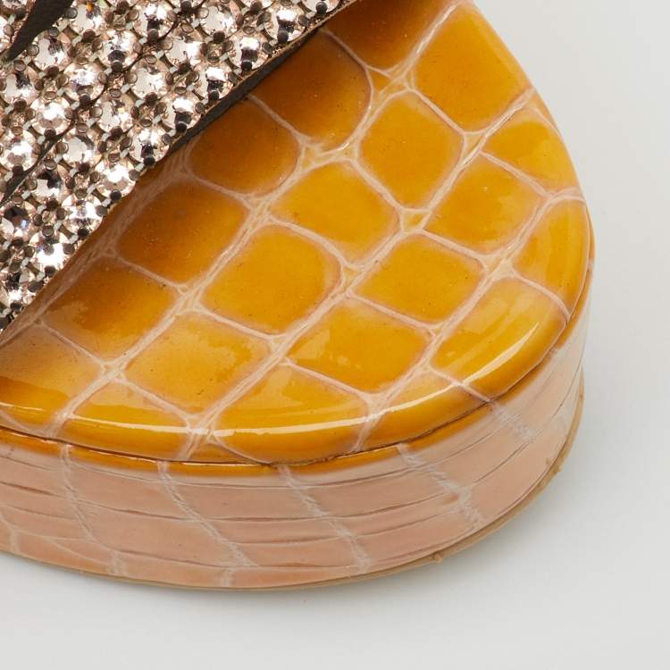 Pre Owned Gina Yellow Croc Embossed Patent Leather Crystal Wedge Platform Sandals Size 40.5