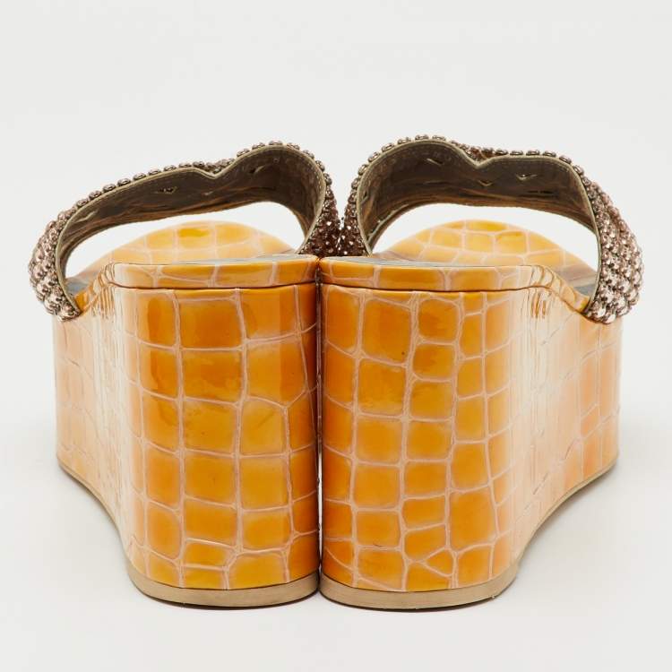 Pre Owned Gina Yellow Croc Embossed Patent Leather Crystal Wedge Platform Sandals Size 40.5