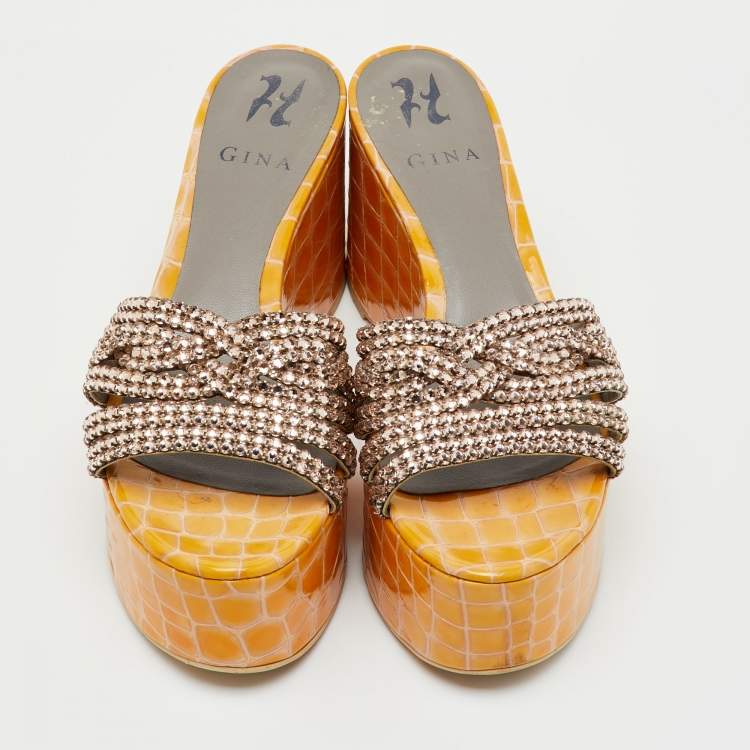 Pre Owned Gina Yellow Croc Embossed Patent Leather Crystal Wedge Platform Sandals Size 40.5