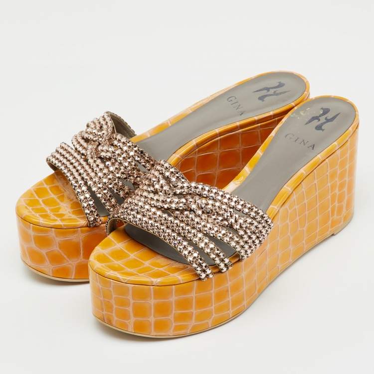 Pre Owned Gina Yellow Croc Embossed Patent Leather Crystal Wedge Platform Sandals Size 40.5