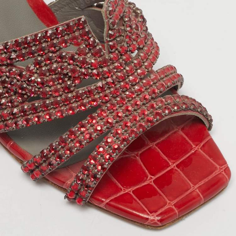 Pre Owned Gina Red Leather Crystal Embellished Slide Sandals Size 36