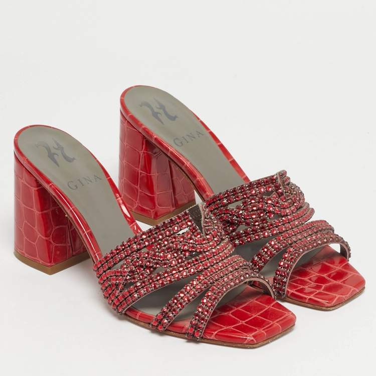 Pre Owned Gina Red Leather Crystal Embellished Slide Sandals Size 36
