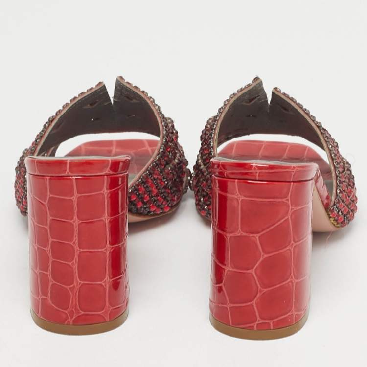 Pre Owned Gina Red Leather Crystal Embellished Slide Sandals Size 36