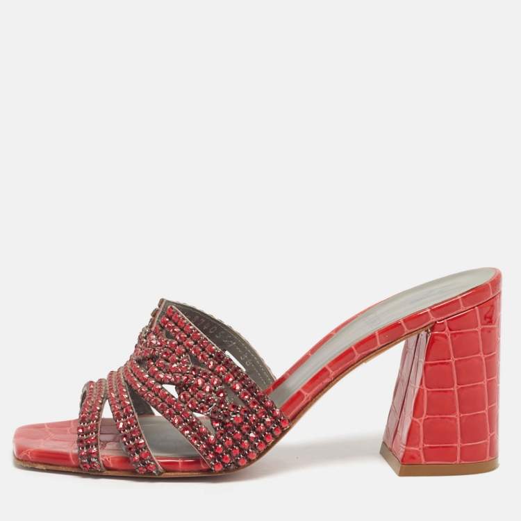 Pre Owned Gina Red Leather Crystal Embellished Slide Sandals Size 36