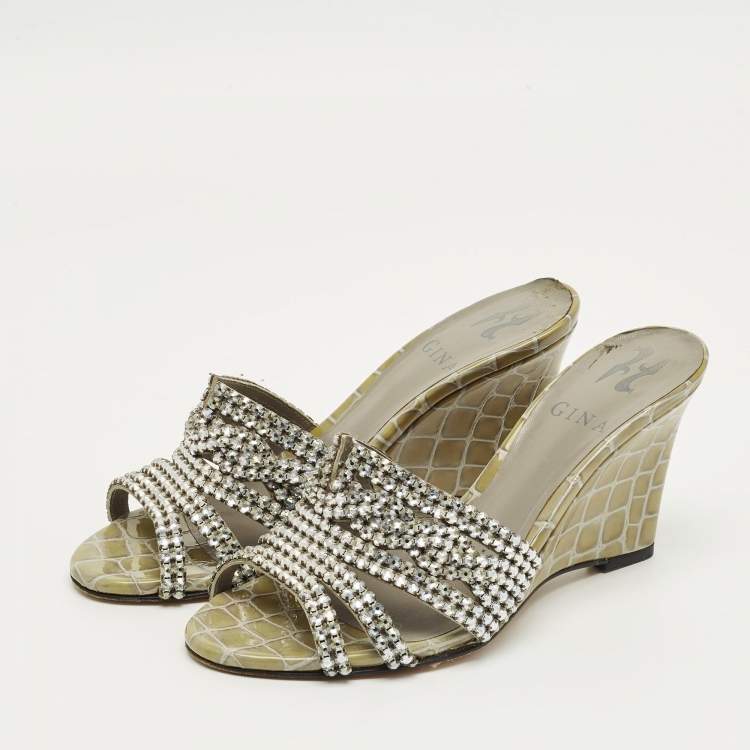 Pre Owned Gina Grey Croc Embossed Leather and Leather Rodeo Wedge Slide Sandals Size 36.5