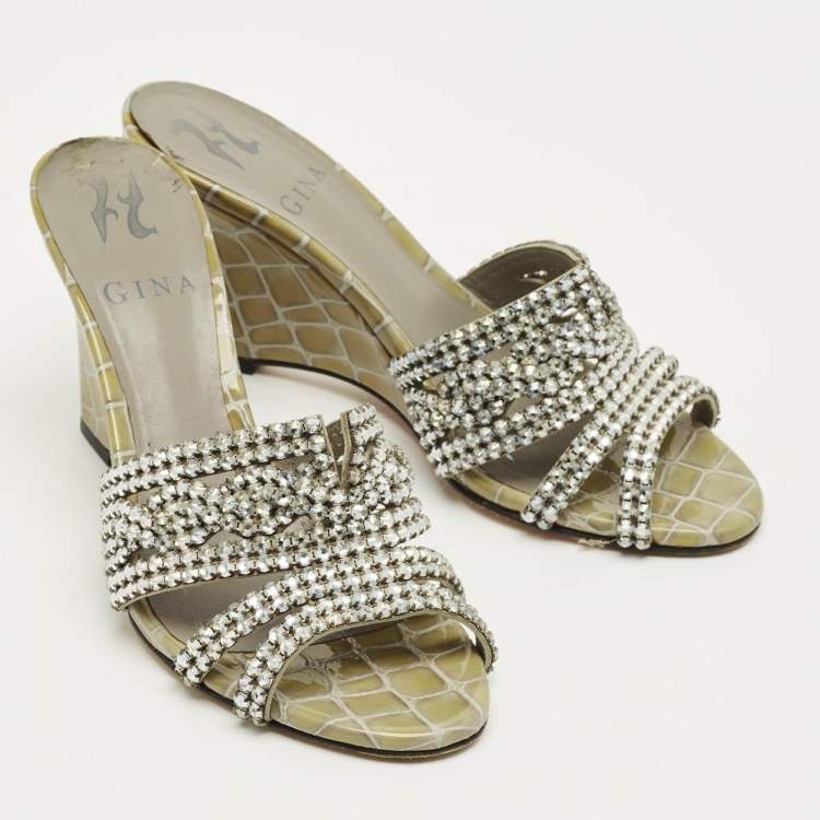 Pre Owned Gina Grey Croc Embossed Leather and Leather Rodeo Wedge Slide Sandals Size 36.5