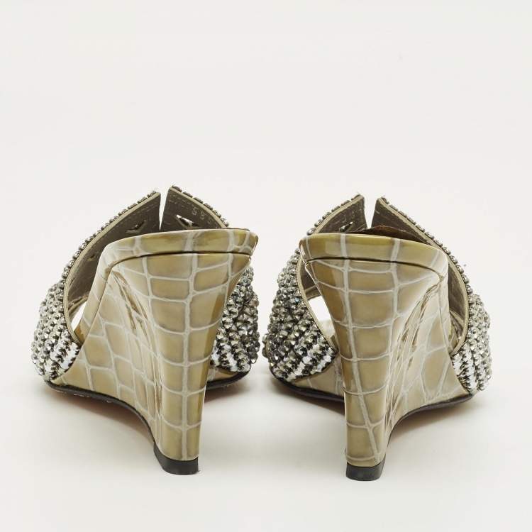 Pre Owned Gina Grey Croc Embossed Leather and Leather Rodeo Wedge Slide Sandals Size 36.5