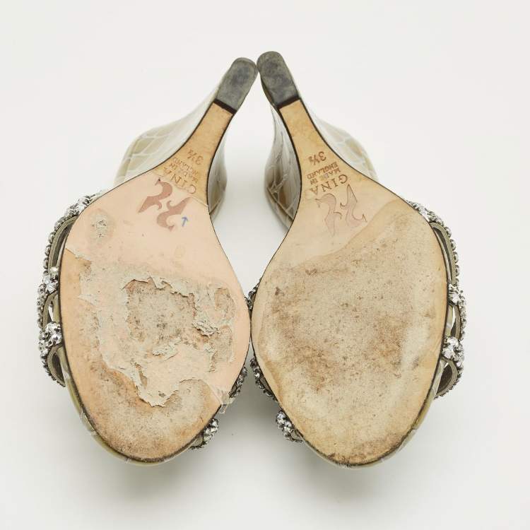 Pre Owned Gina Grey Croc Embossed Leather and Leather Rodeo Wedge Slide Sandals Size 36.5