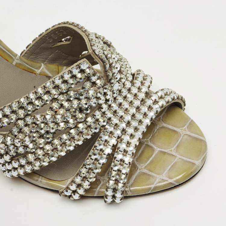 Pre Owned Gina Grey Croc Embossed Leather and Leather Rodeo Wedge Slide Sandals Size 36.5