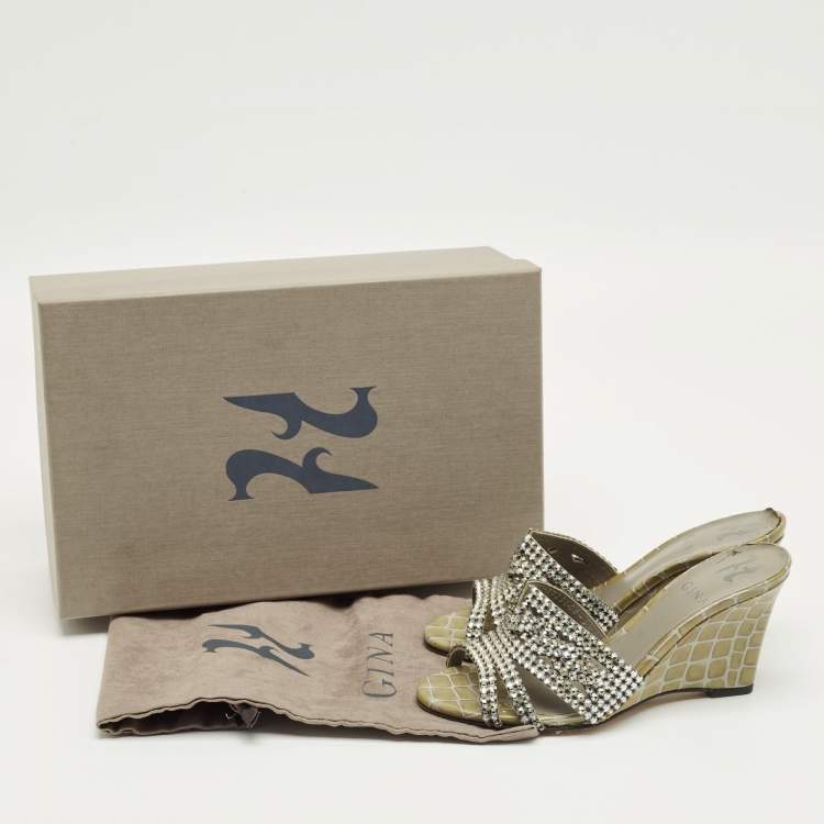 Pre Owned Gina Grey Croc Embossed Leather and Leather Rodeo Wedge Slide Sandals Size 36.5