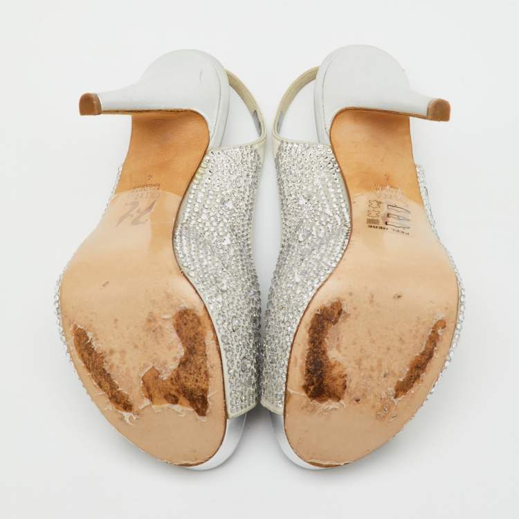 Pre Owned Gina Grey Satin Crystal Embellished Peep Toe Slingback Platform Sandals Size 37