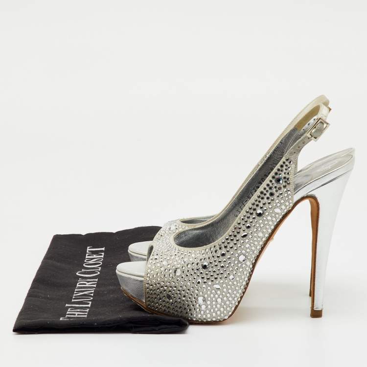 Pre Owned Gina Grey Satin Crystal Embellished Peep Toe Slingback Platform Sandals Size 37