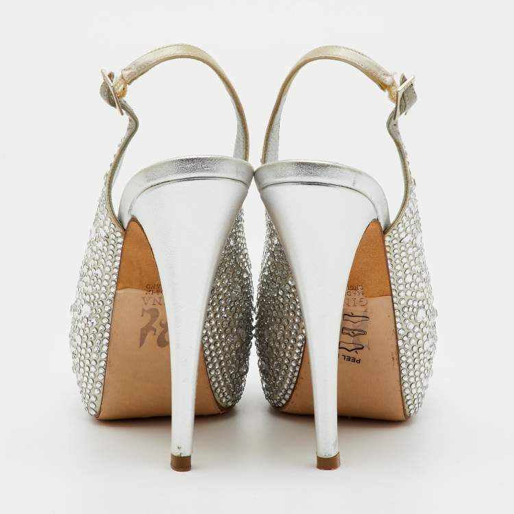 Pre Owned Gina Grey Satin Crystal Embellished Peep Toe Slingback Platform Sandals Size 37