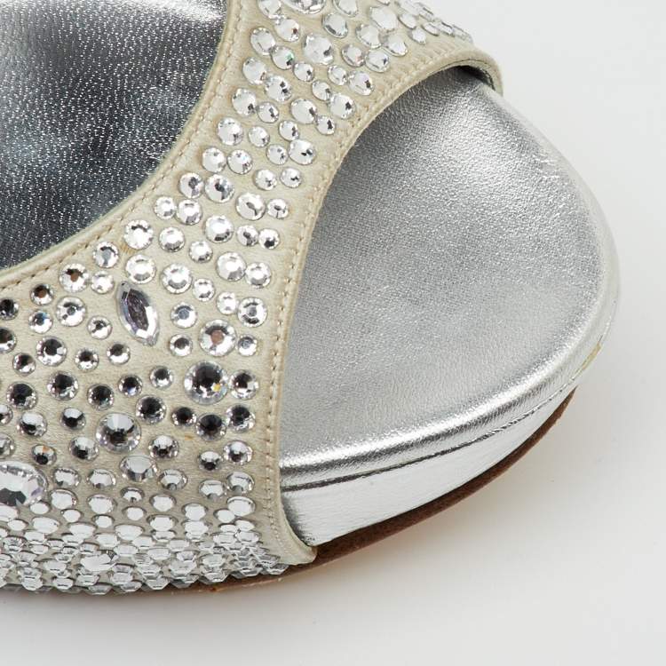 Pre Owned Gina Grey Satin Crystal Embellished Peep Toe Slingback Platform Sandals Size 37