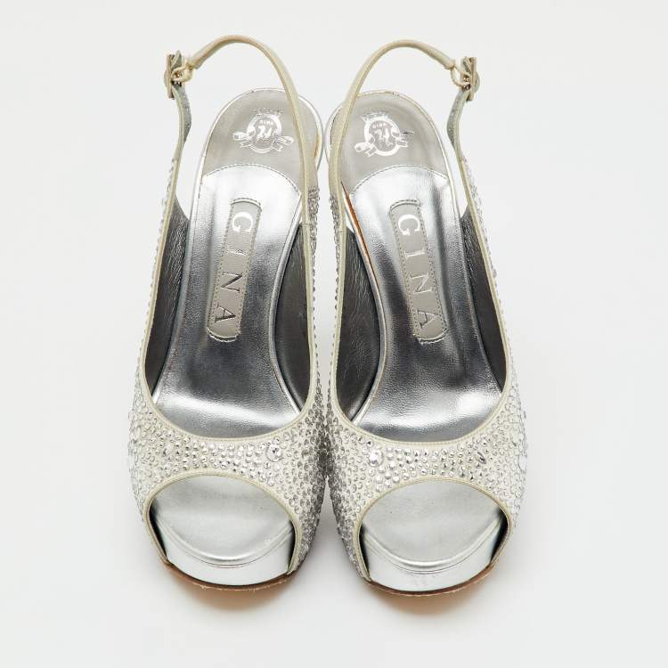 Pre Owned Gina Grey Satin Crystal Embellished Peep Toe Slingback Platform Sandals Size 37