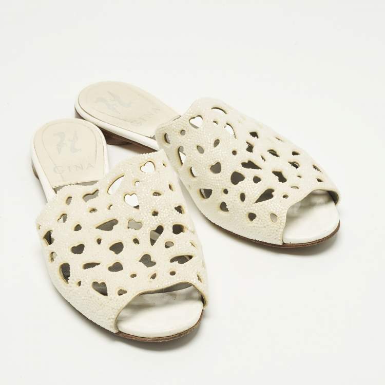 Pre Owned Gina Cream Laser-Cut Leather Embellishment  Flat Sandals Size 37.5
