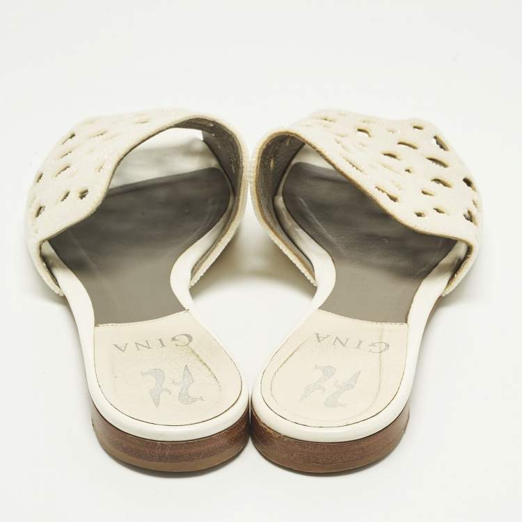Pre Owned Gina Cream Laser-Cut Leather Embellishment  Flat Sandals Size 37.5