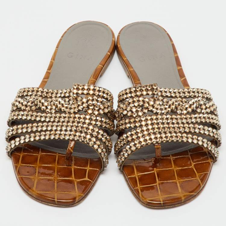 مملوكة مسبقًا Gina Brown Crystal Embellished Leather Loren Flat Sandals Size 39