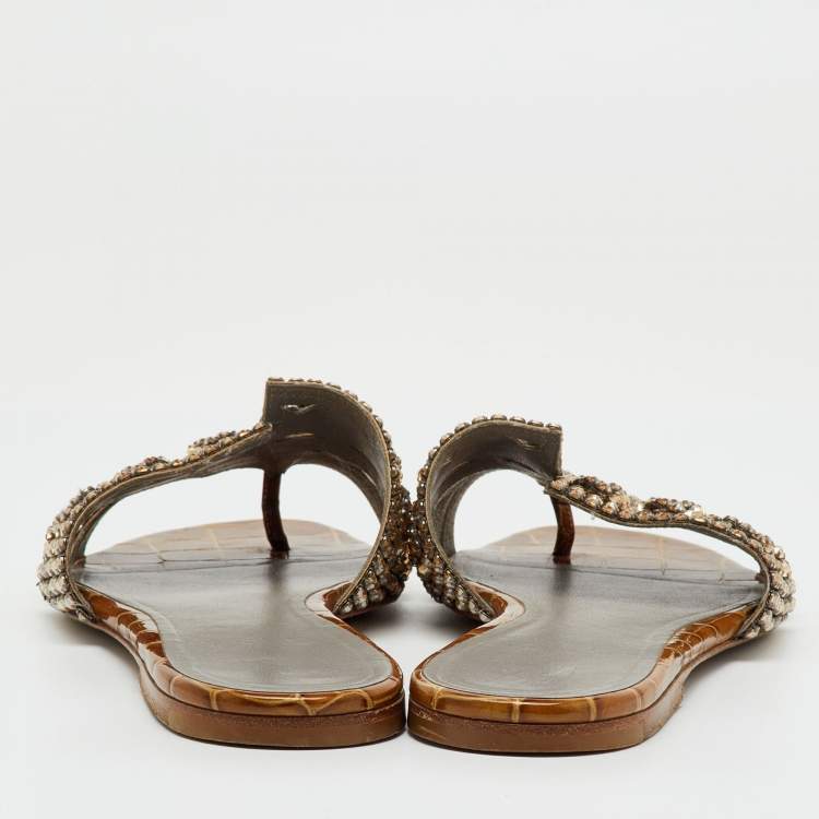 مملوكة مسبقًا Gina Brown Crystal Embellished Leather Loren Flat Sandals Size 39