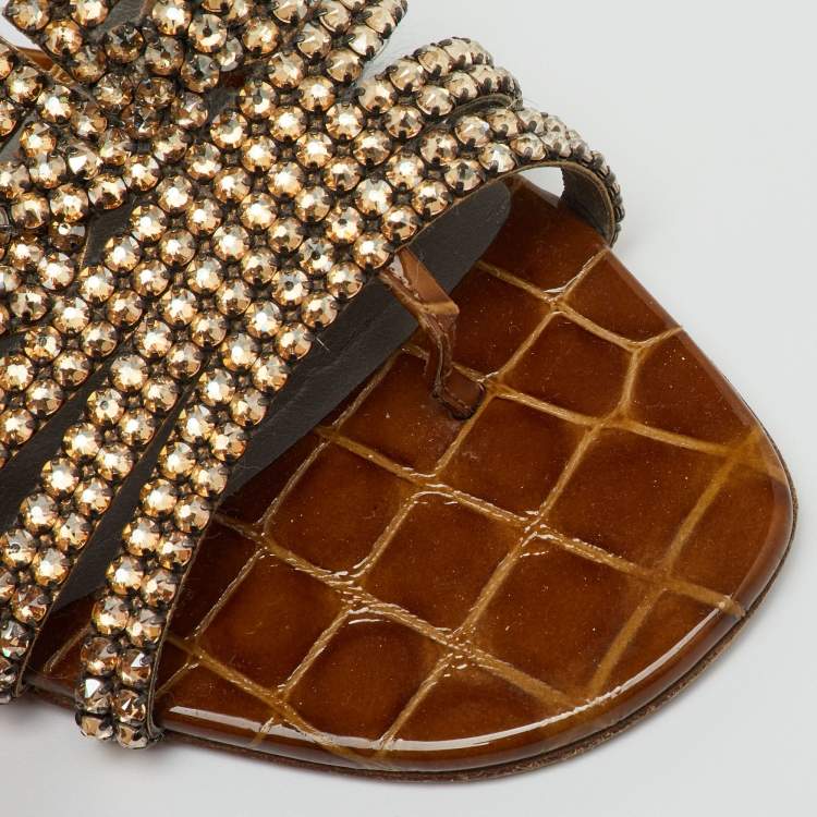 مملوكة مسبقًا Gina Brown Crystal Embellished Leather Loren Flat Sandals Size 39