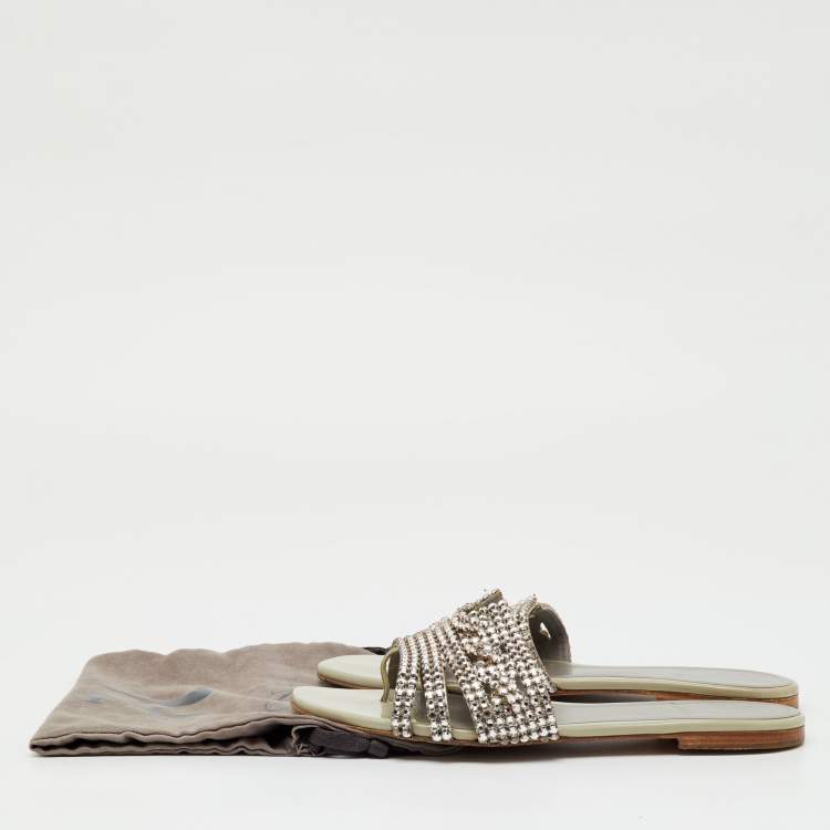Pre Owned Gina Grey Leather Loren Crystal Embellished Flat Slide Sandals Size 39
