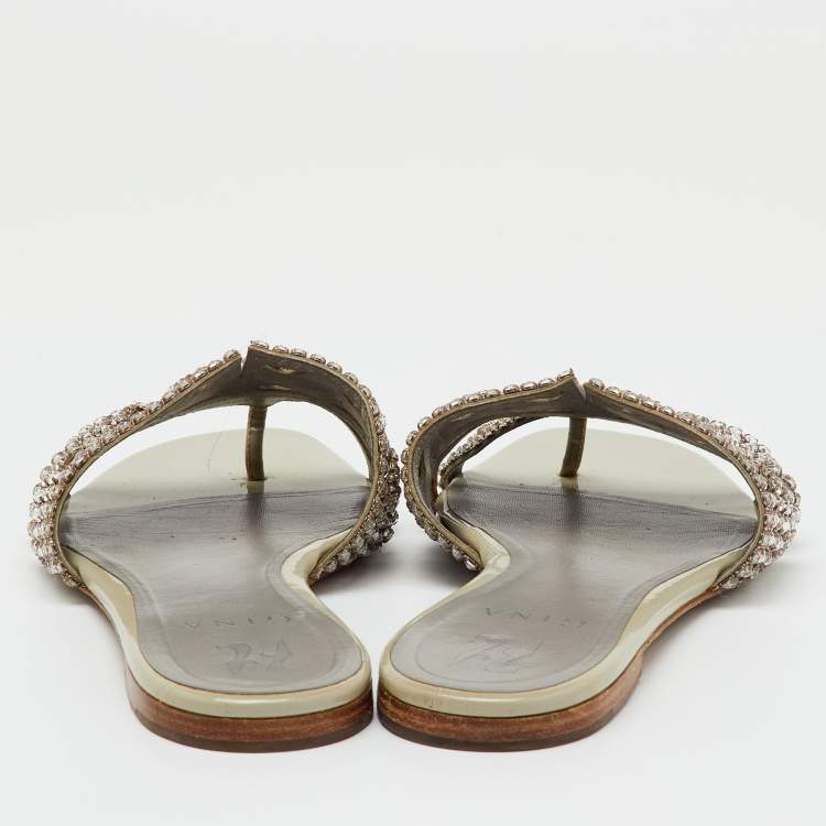 Pre Owned Gina Grey Leather Loren Crystal Embellished Flat Slide Sandals Size 39