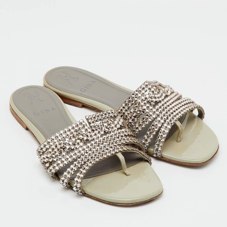 Pre Owned Gina Grey Leather Loren Crystal Embellished Flat Slide Sandals Size 39