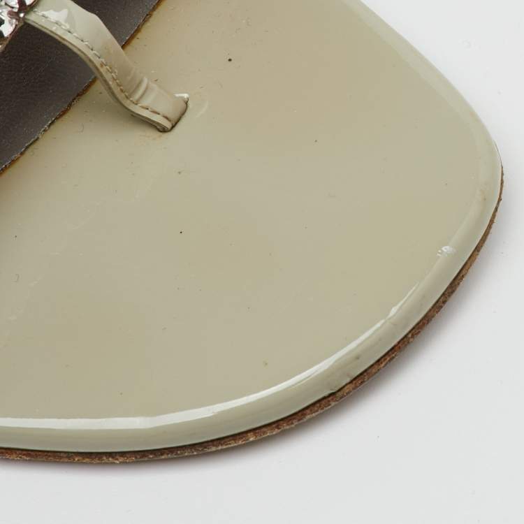 Pre Owned Gina Grey Leather Loren Crystal Embellished Flat Slide Sandals Size 39