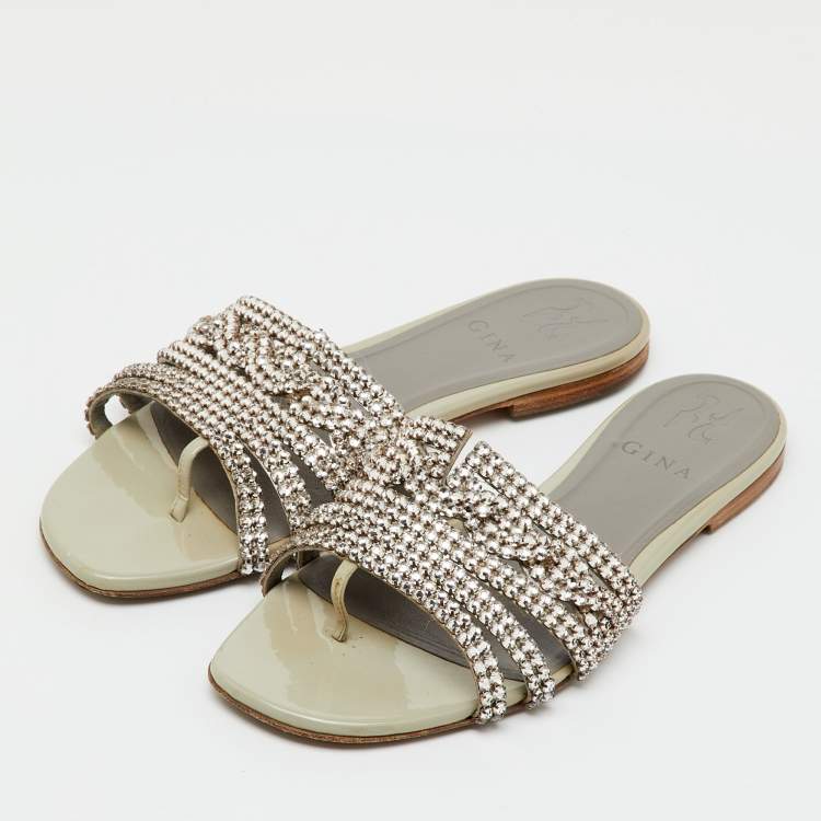 Pre Owned Gina Grey Leather Loren Crystal Embellished Flat Slide Sandals Size 39
