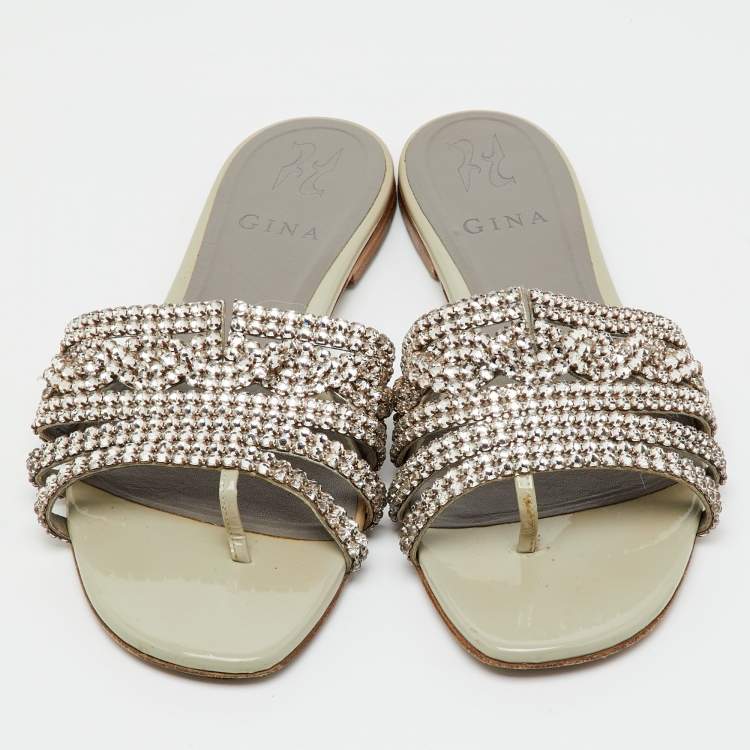 Pre Owned Gina Grey Leather Loren Crystal Embellished Flat Slide Sandals Size 39