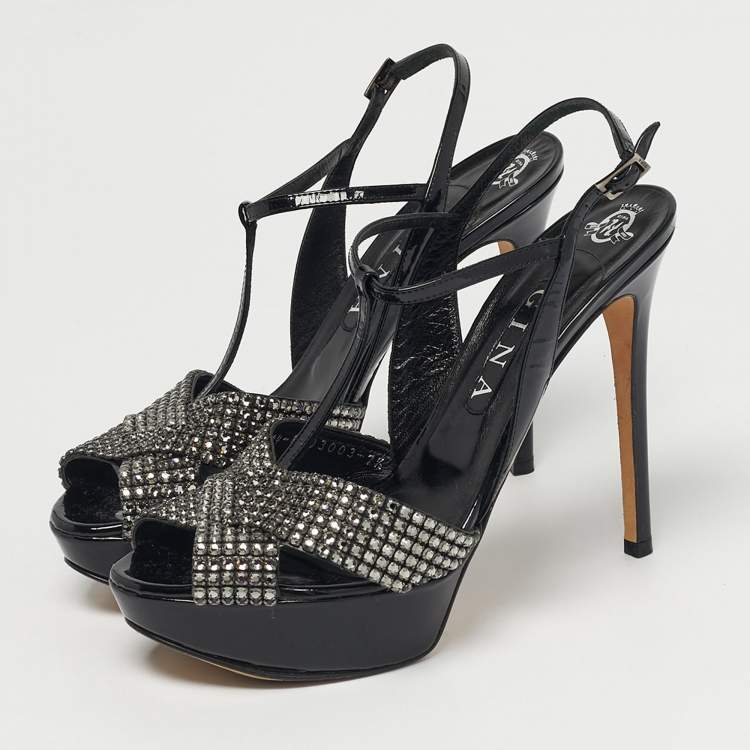 Pre Owned Gina Size 40.5 Black Patent Leather Crystal Embellished T-Strap Platform Sandals