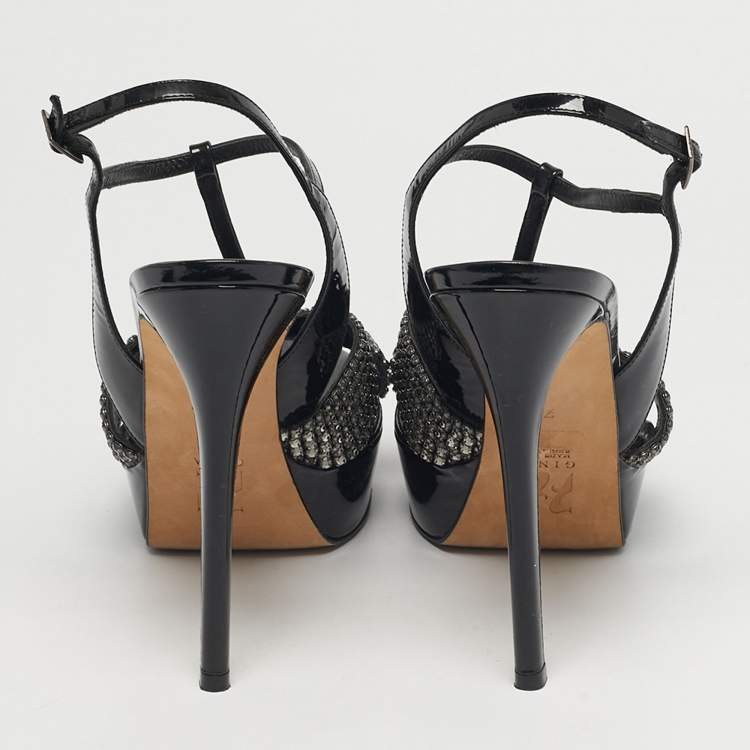 Pre Owned Gina Size 40.5 Black Patent Leather Crystal Embellished T-Strap Platform Sandals